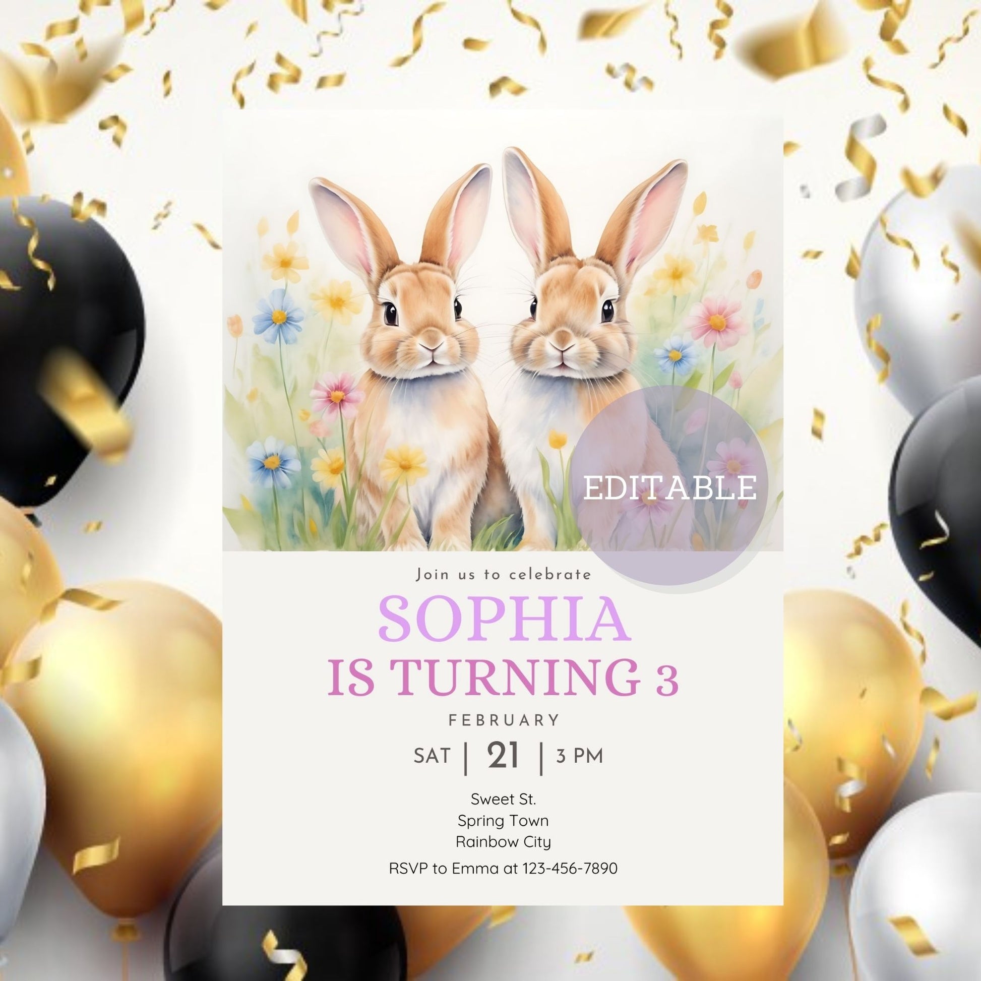 Floral bunny birthday invitation for Easter celebrations
