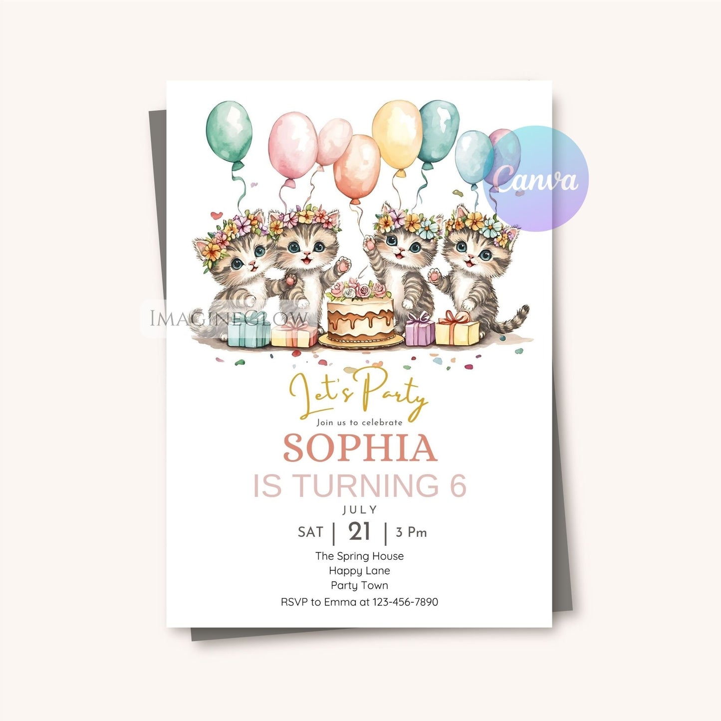 Printable floral kitten birthday invitation
