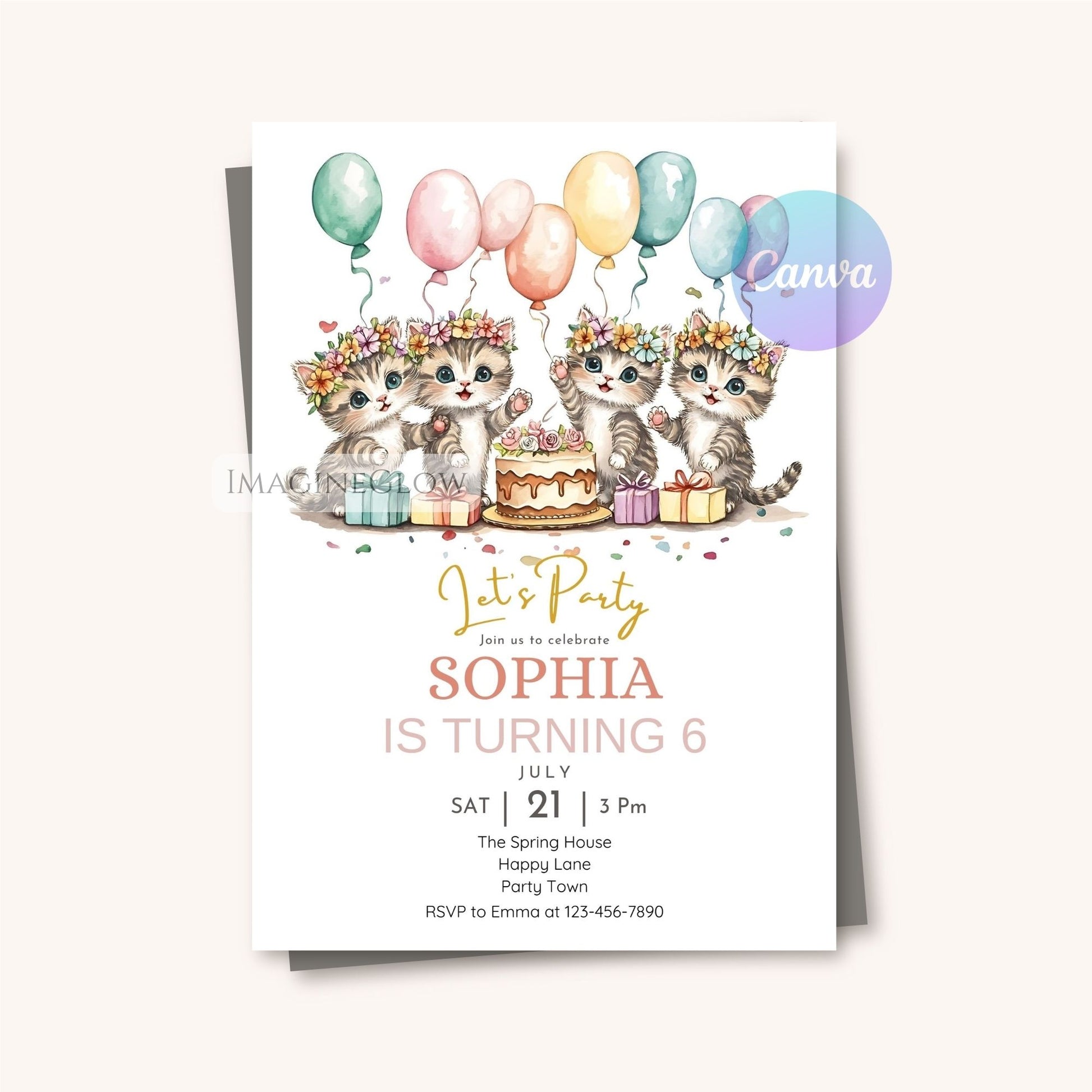 Printable floral kitten birthday invitation
