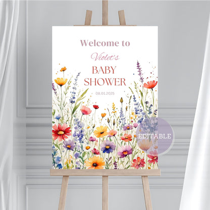 Editable baby shower welcome sign Little Blossom floral theme personalized party poster
Customizable Little Blossom baby shower poster with floral design for baby girl