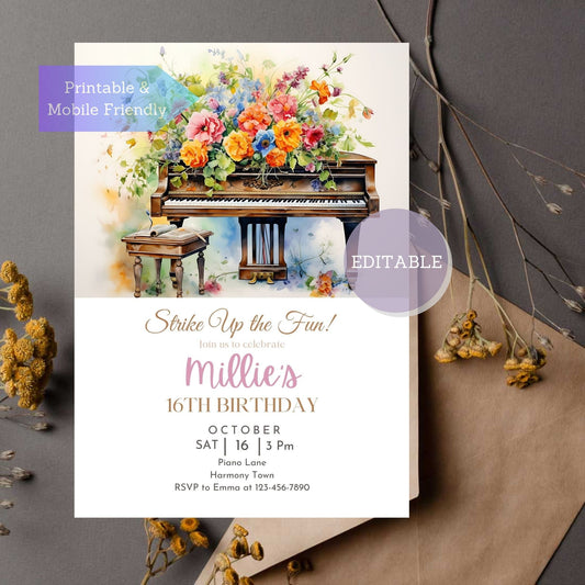 Elegant piano-themed birthday party invitation for music lovers.