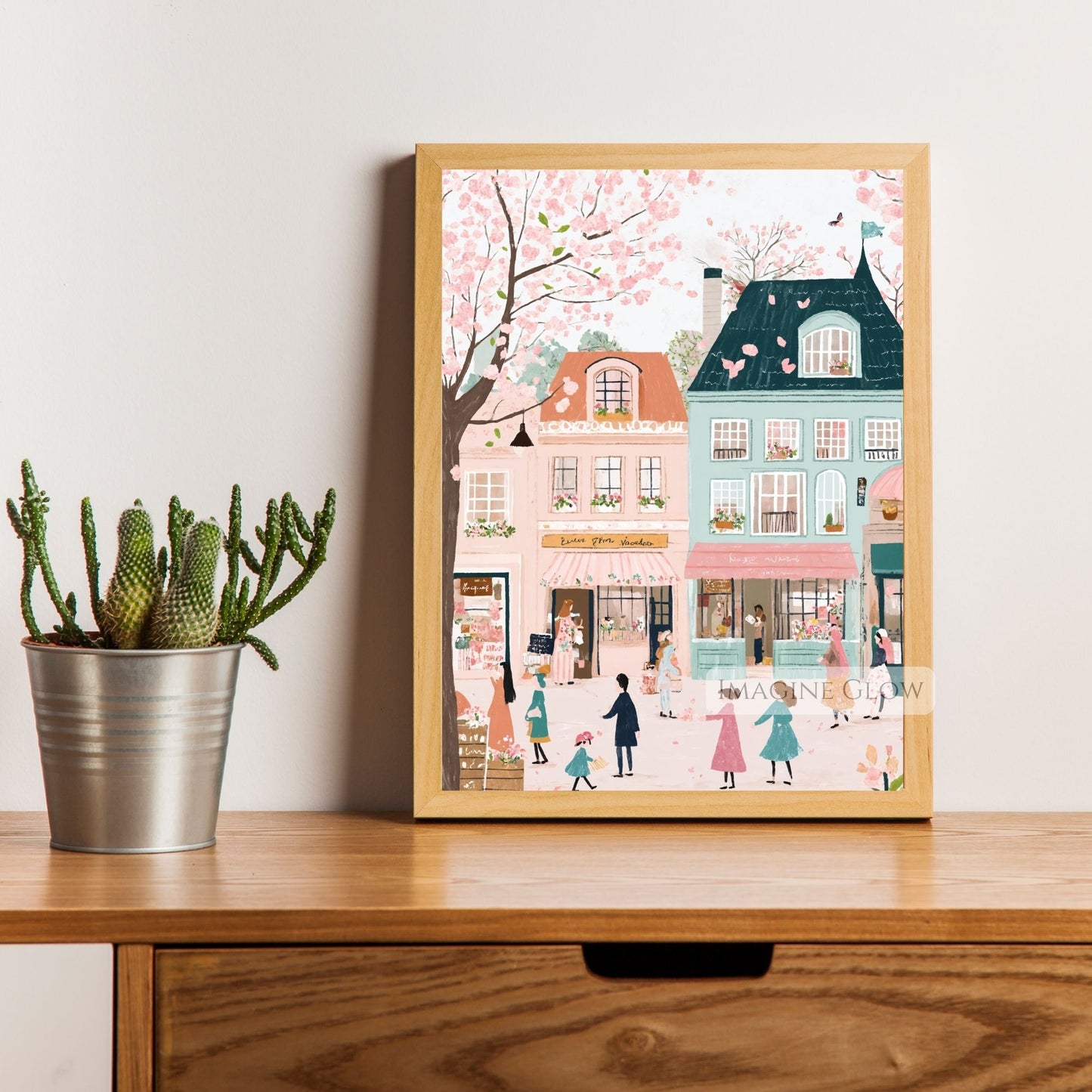 Enchanting Old Town Wall Art with Pastel Hues of Spring
