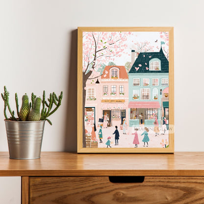 Enchanting Old Town Wall Art with Pastel Hues of Spring
