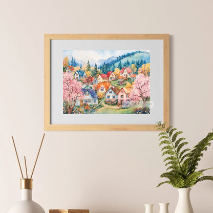 Countryside village artwork in spring with vibrant florals
