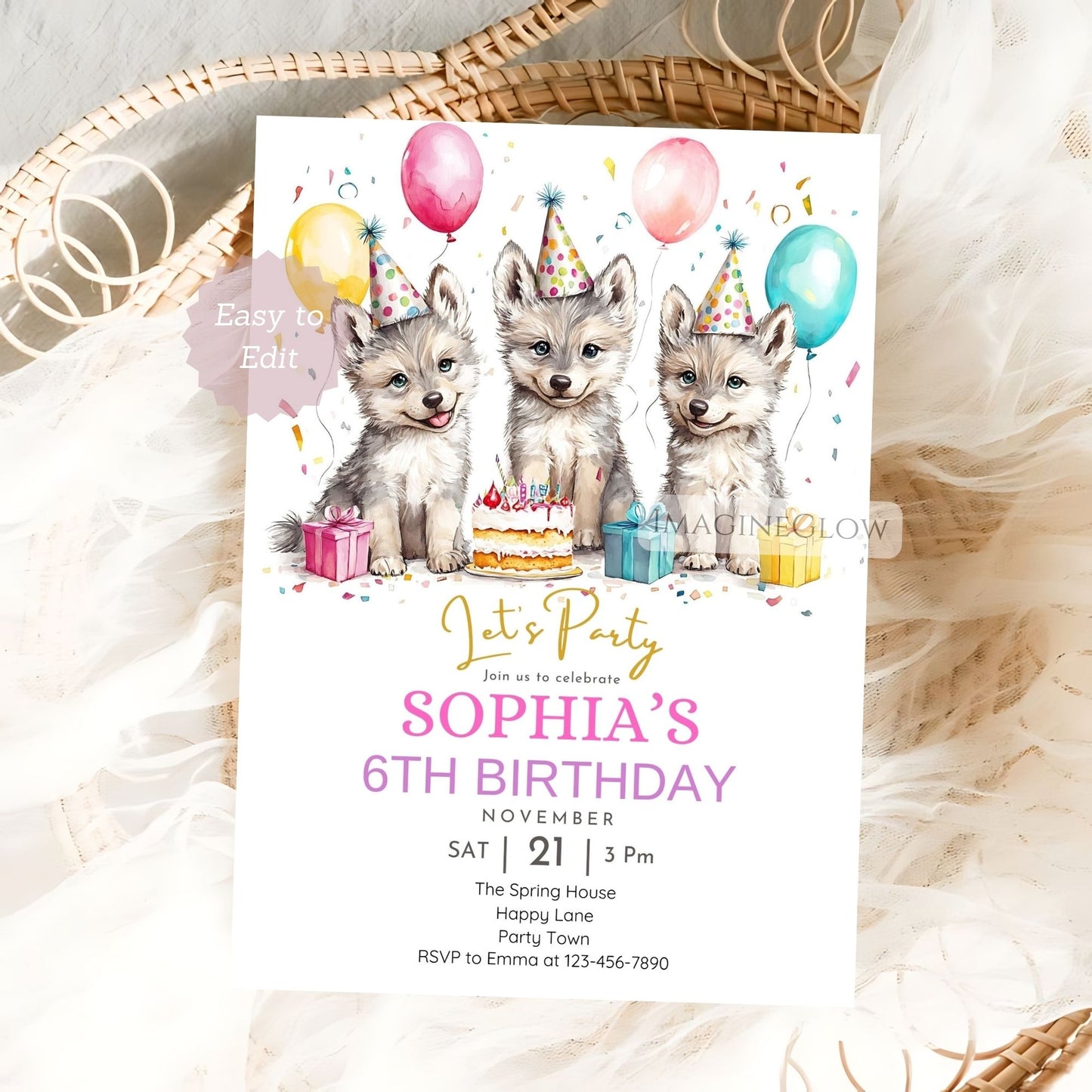 Forest animal birthday invite for her
Wolf invite with floral accents

