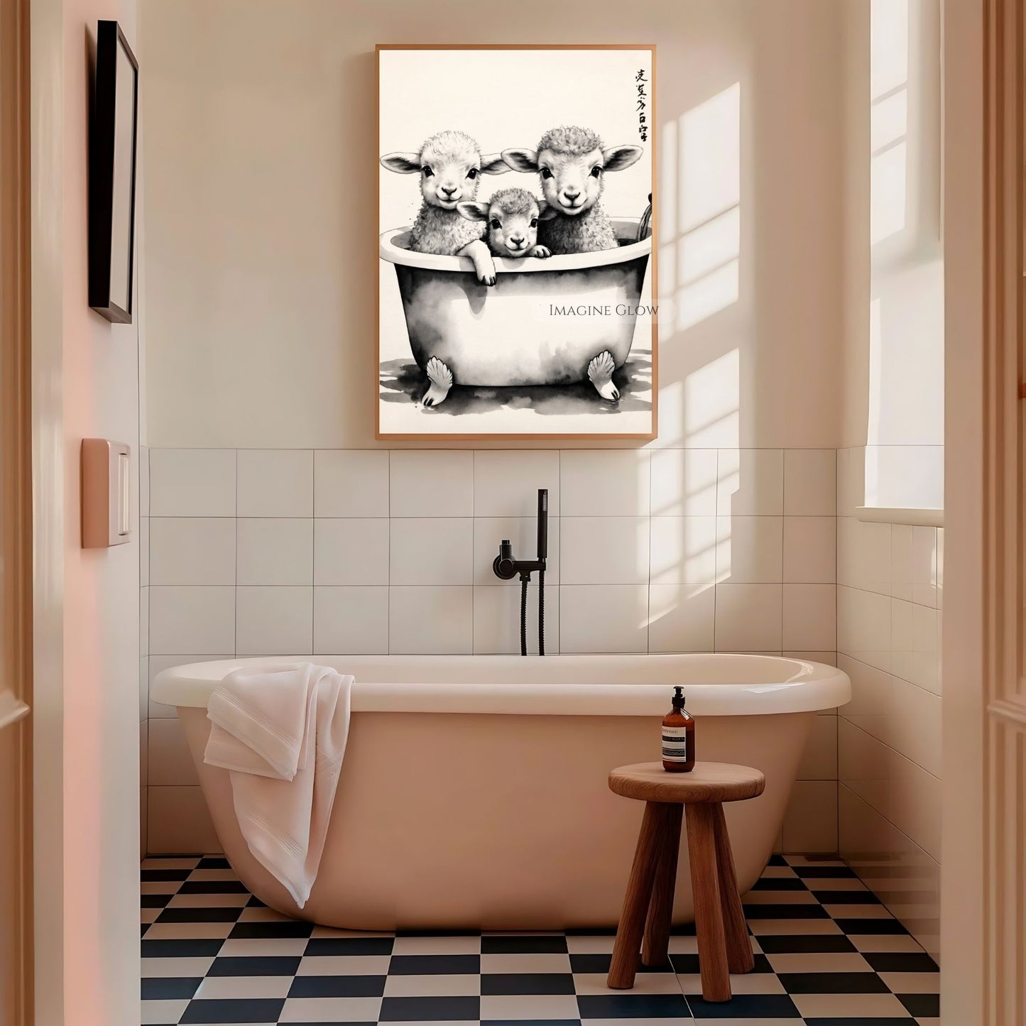 Three fluffy lambs relaxing in a bathtub farmhouse print
