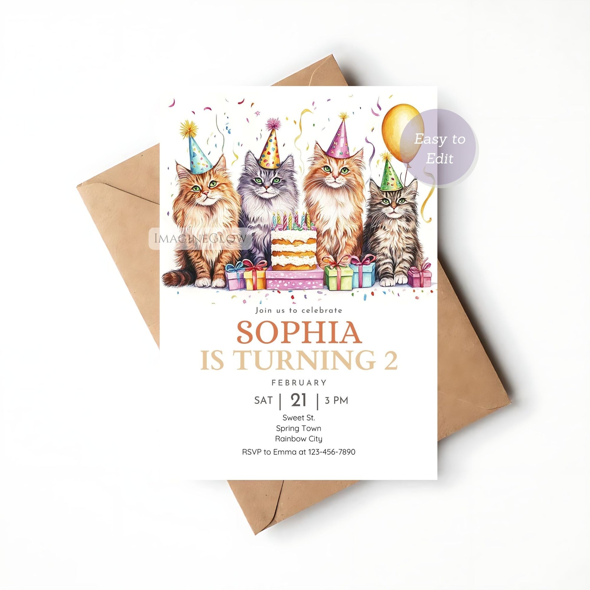 Birthday invitation with Maine Coon cat and balloons
