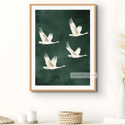 Antique flying bird poster with soft green background.
