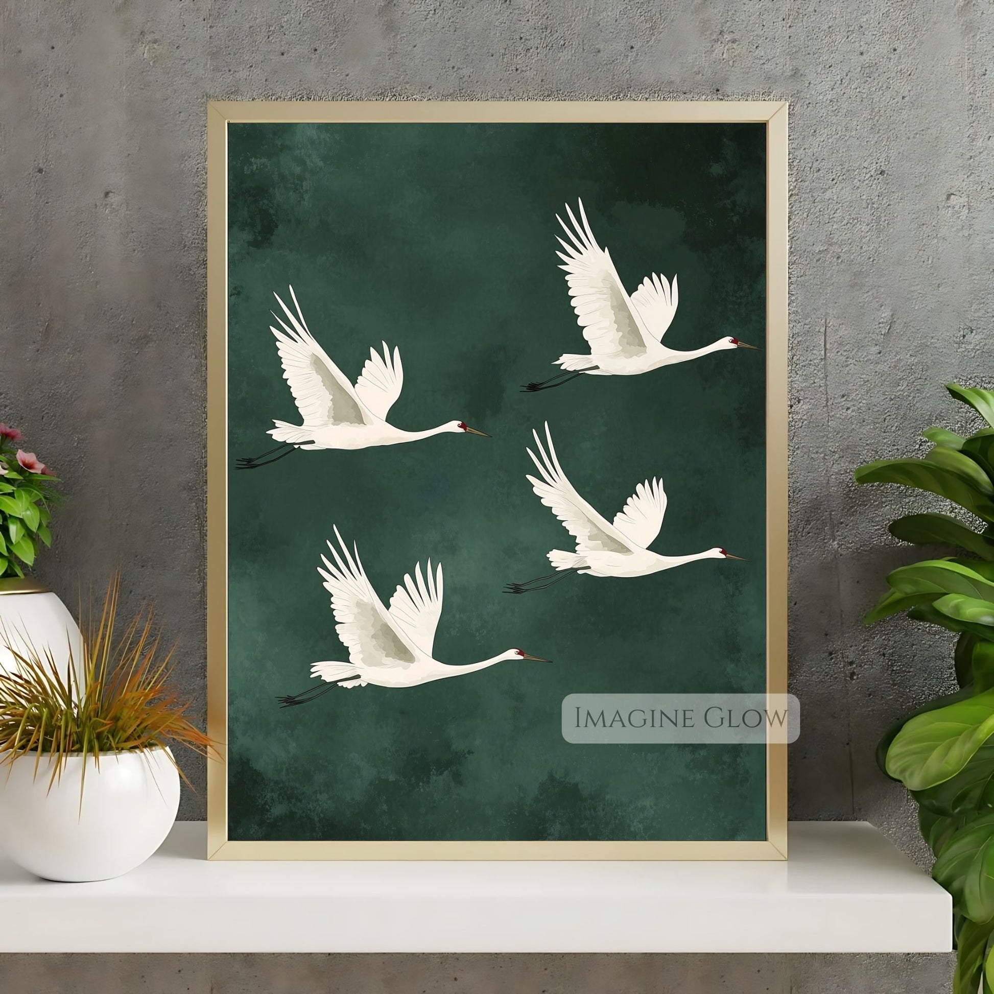 Japanese flying cranes print for sophisticated interiors.
