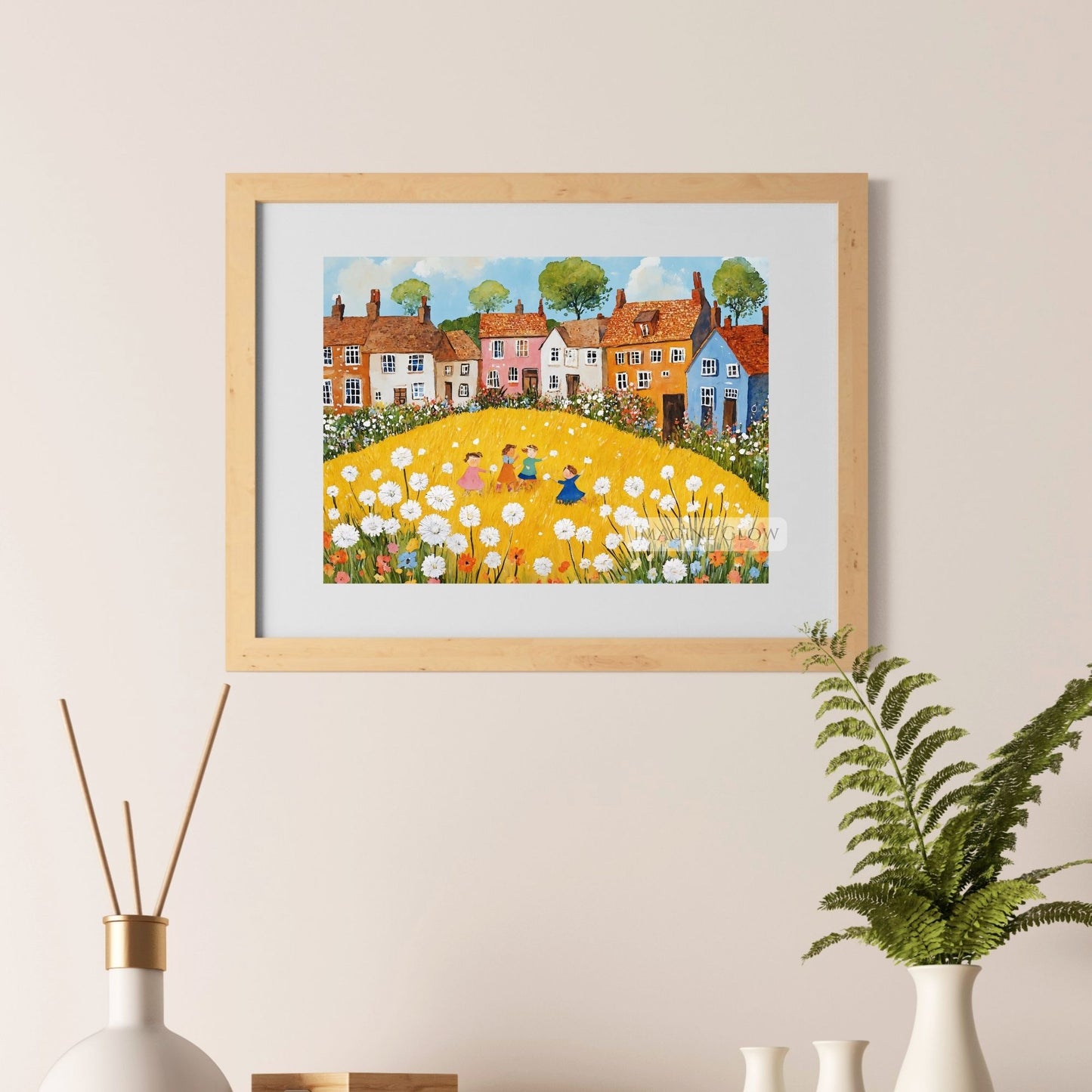 Rustic floral art featuring dandelions in a folk art style
