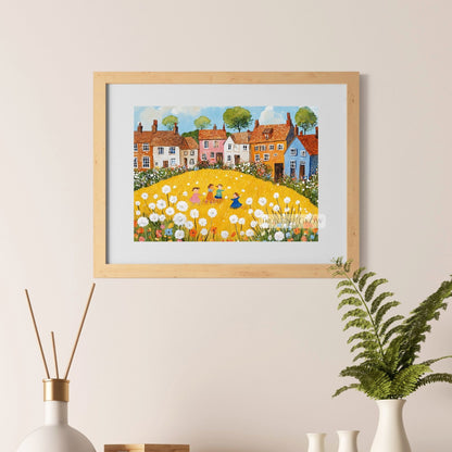 Rustic floral art featuring dandelions in a folk art style
