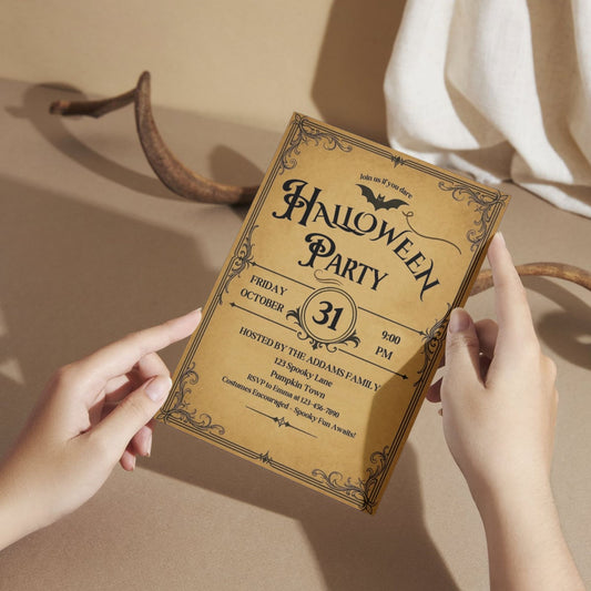 Vintage-style Halloween party invitation held by hands with a rustic background.