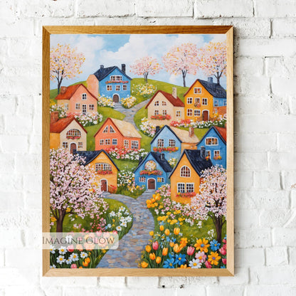 Country-style art of a village with blooming trees and flowers
