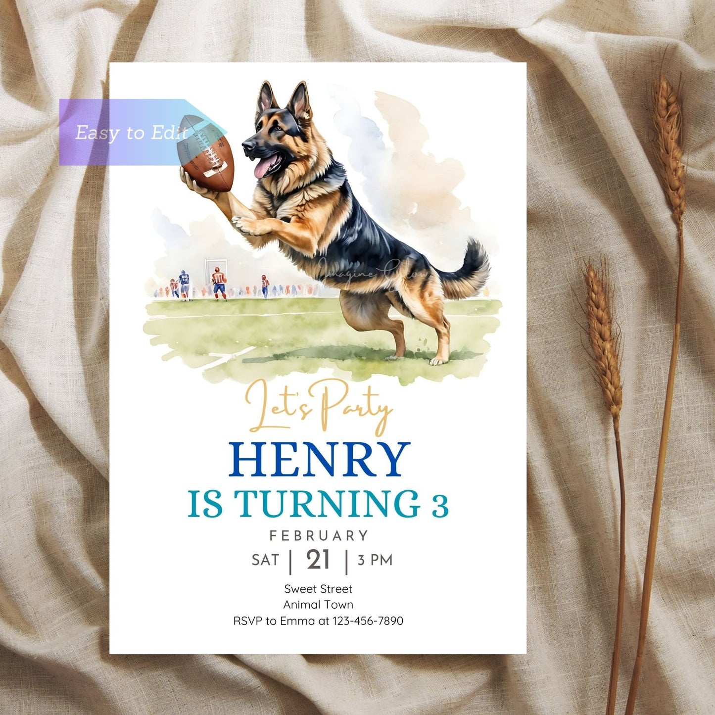 German Shepherd football invite for dog lovers' celebrations.
