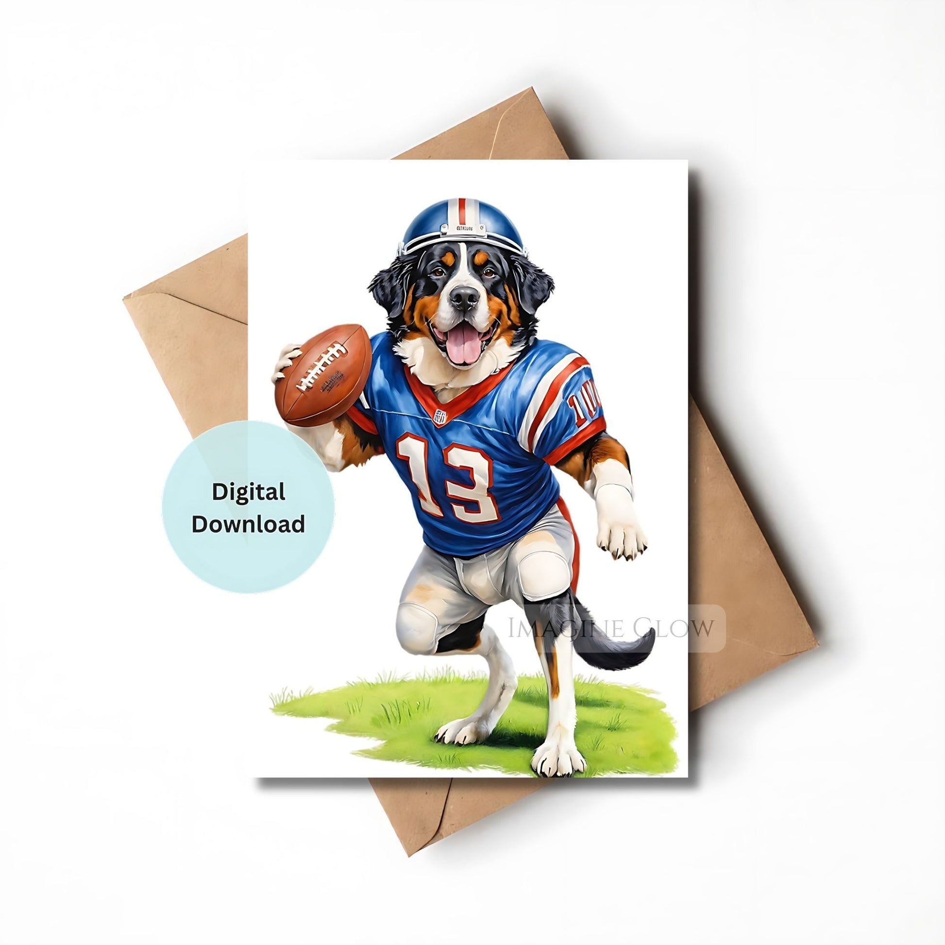 Digital download birthday card featuring a dog playing American football