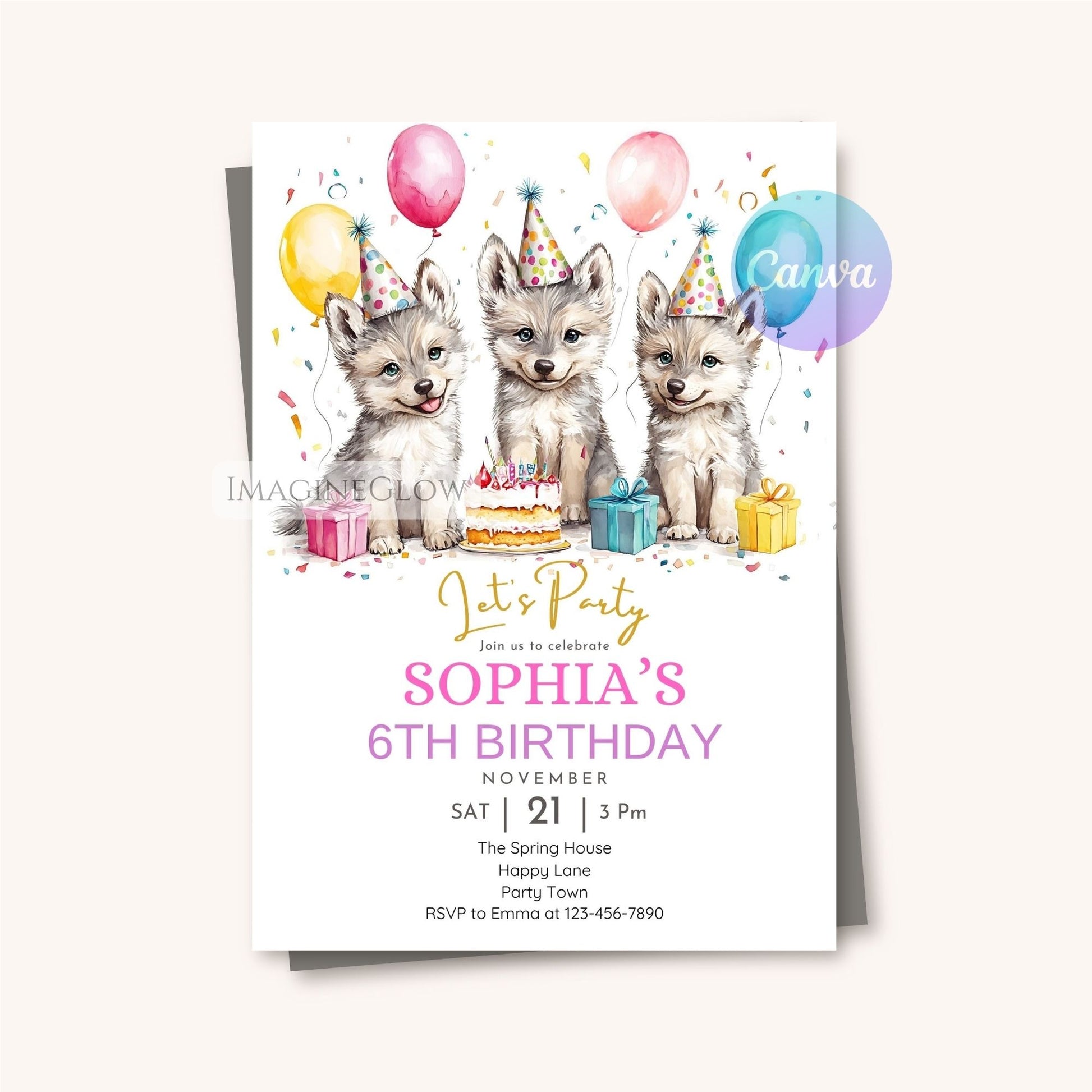 Canva editable girl wolf invitation
