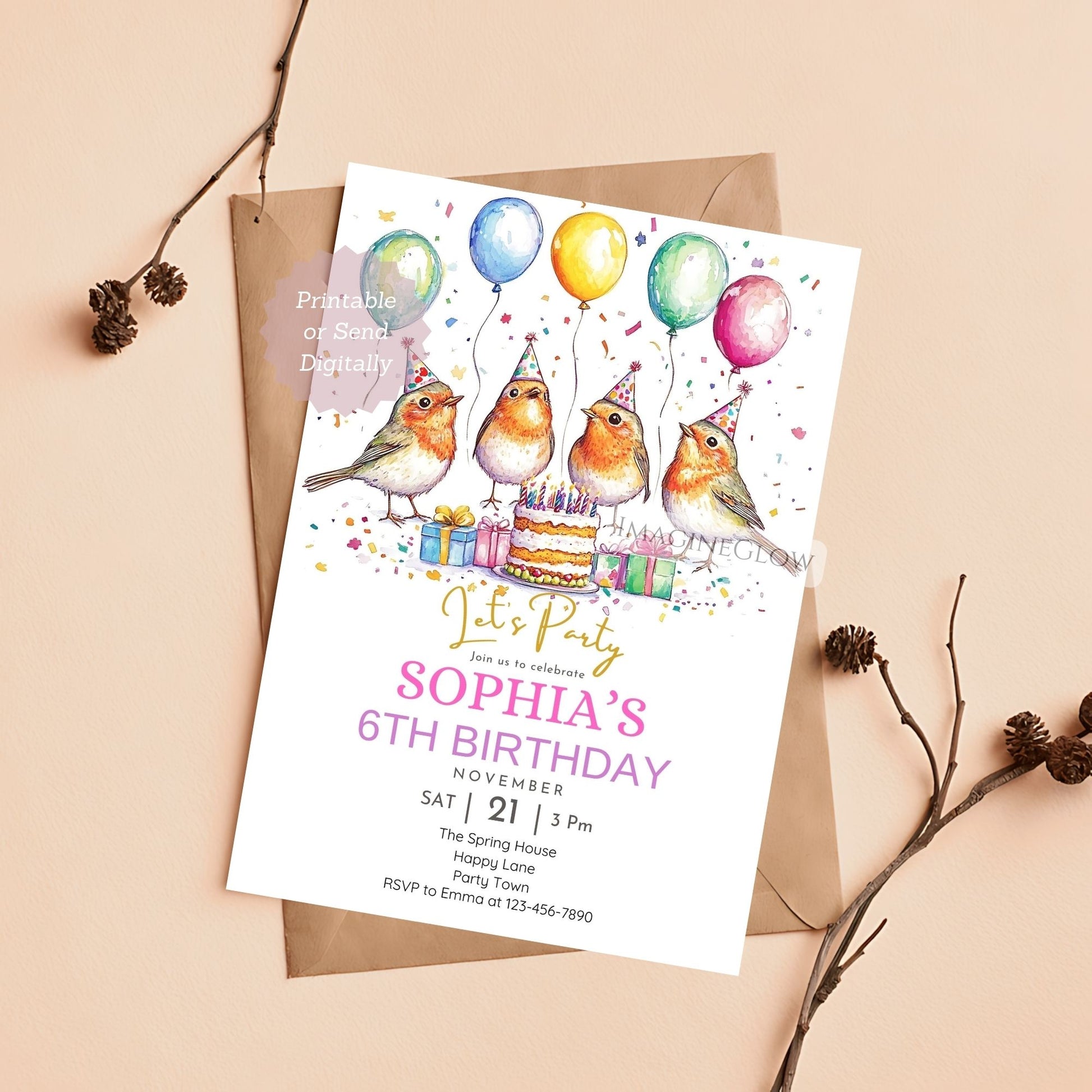 Canva woodland robin party invite
Rustic bird-themed kids birthday card
