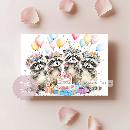 Floral raccoon birthday card woodland design
Printable floral raccoon birthday greeting card
