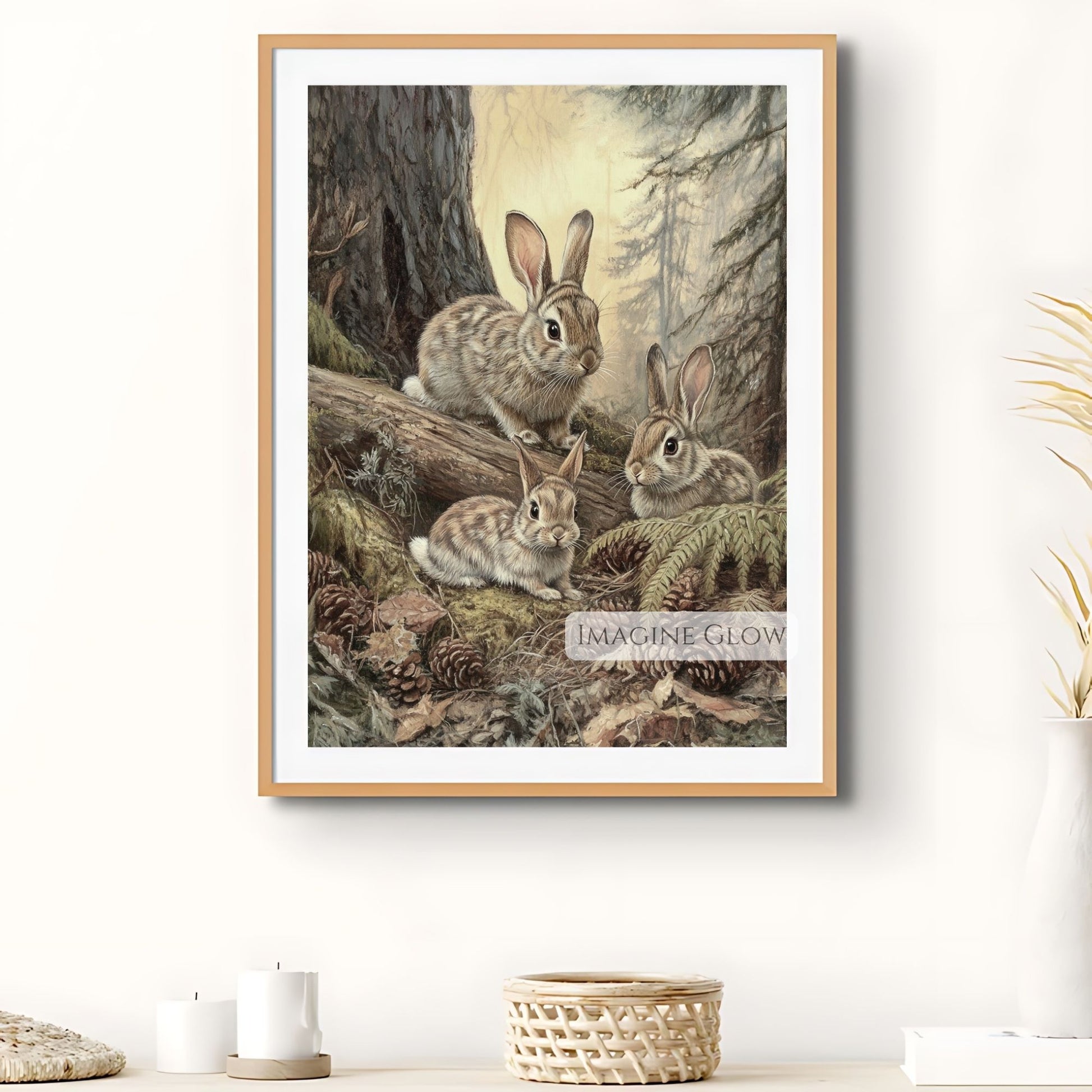 Serene rabbit family in forest artwork.
