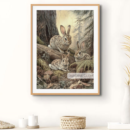 Serene rabbit family in forest artwork.

