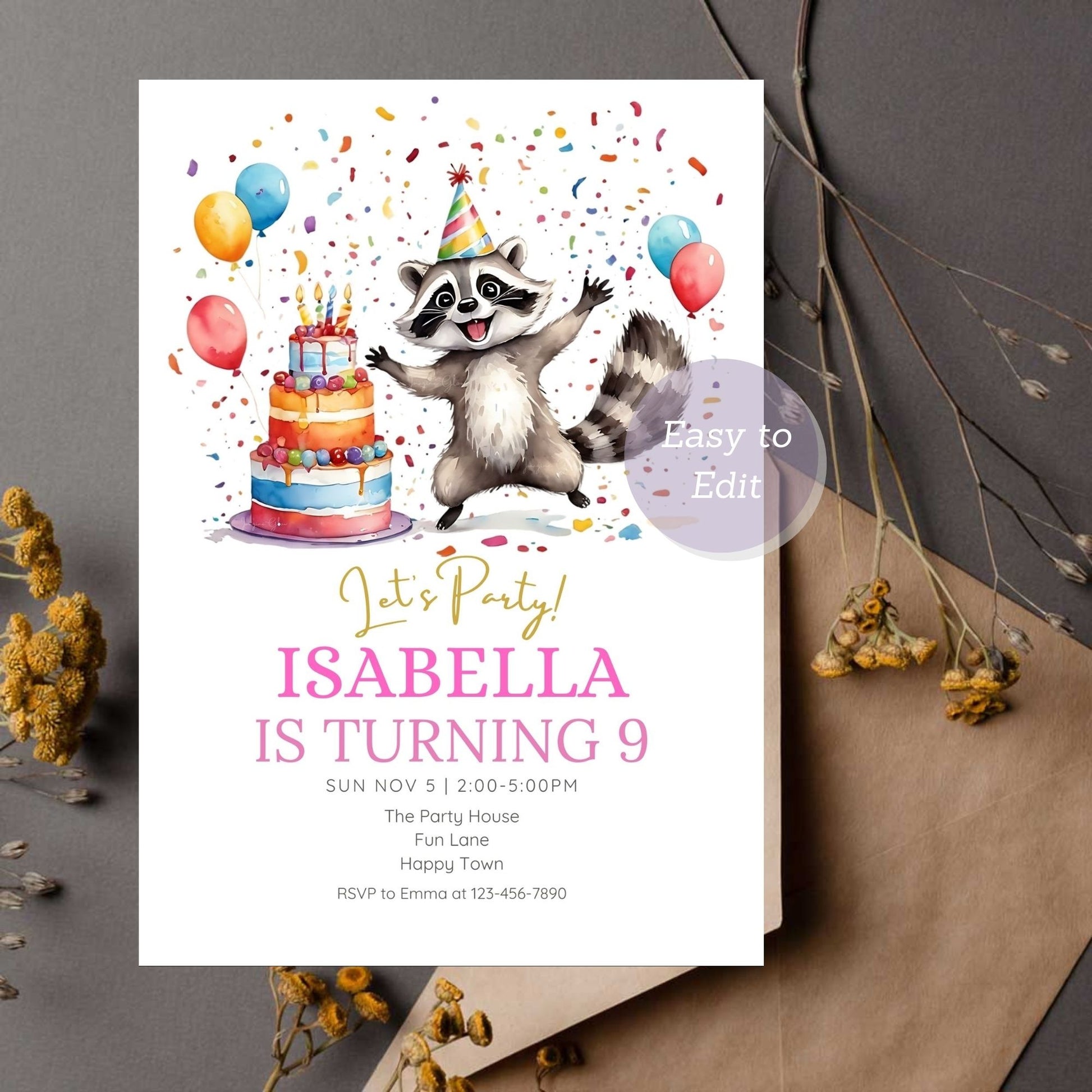 Editable and printable raccoon birthday party invitation
