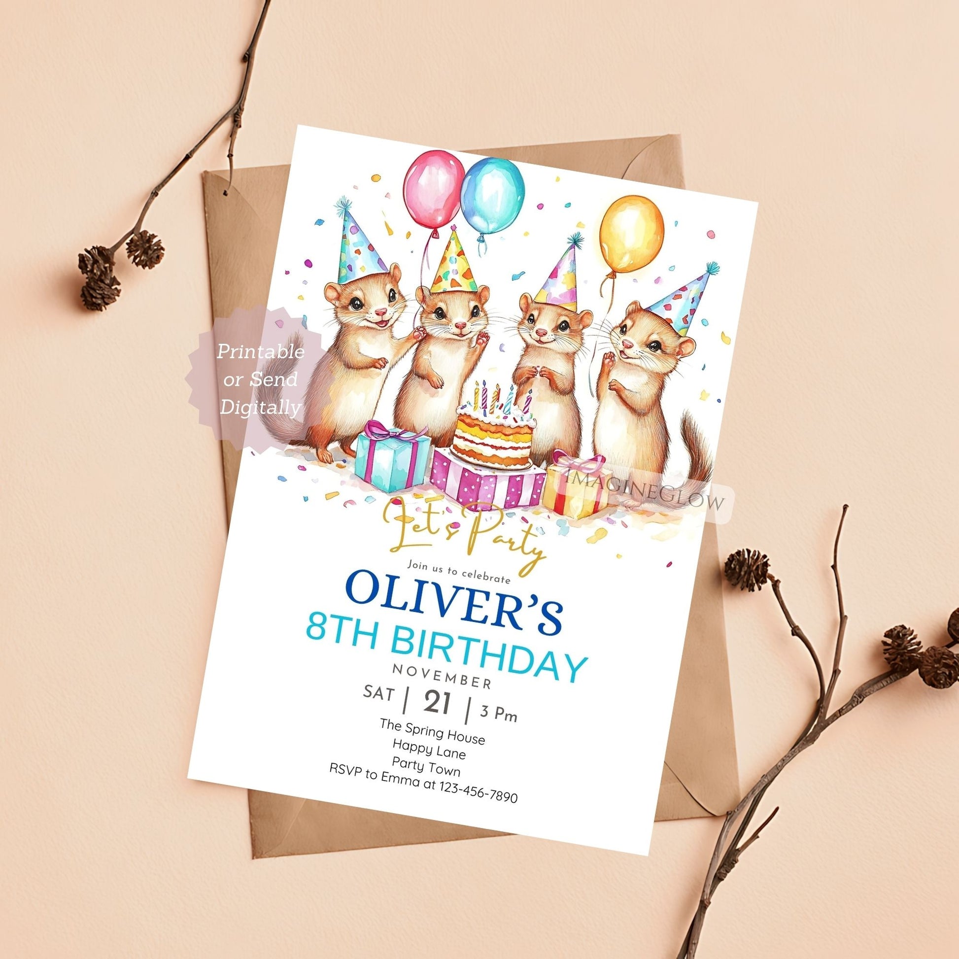 Weasel Birthday Invitation - Woodland Animal Theme
