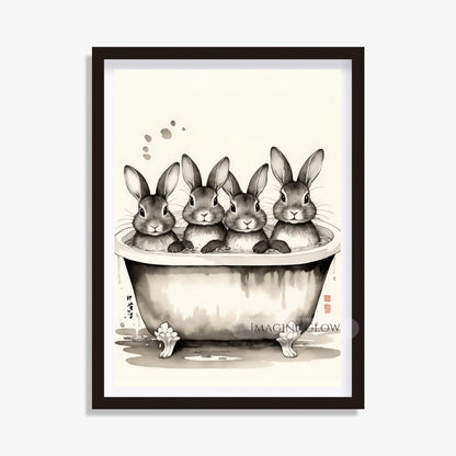 Black-and-white bunny bathroom wall art
