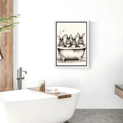 Four bunnies in bathtub black and white art print
