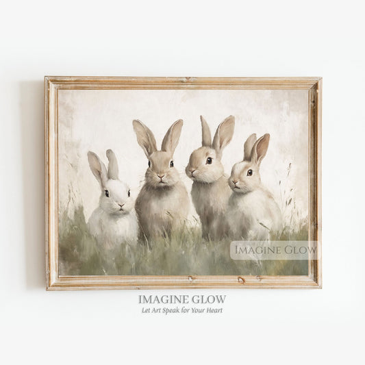 Four bunnies in a field - vintage rabbit art
