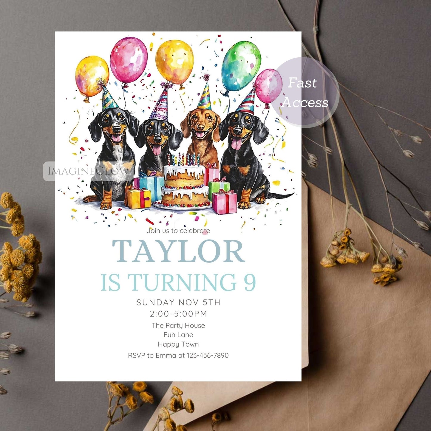 Four playful Dachshunds on a dog-themed birthday invite
