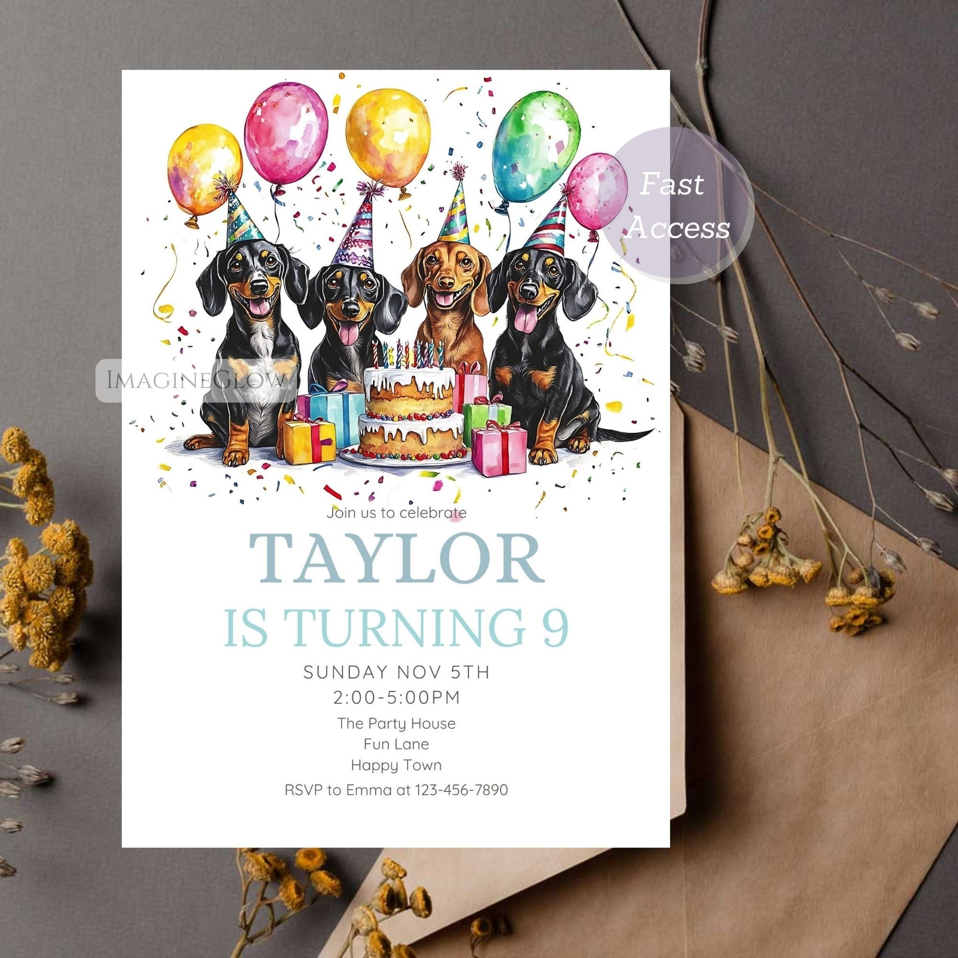 Four playful Dachshunds on a dog-themed birthday invite
