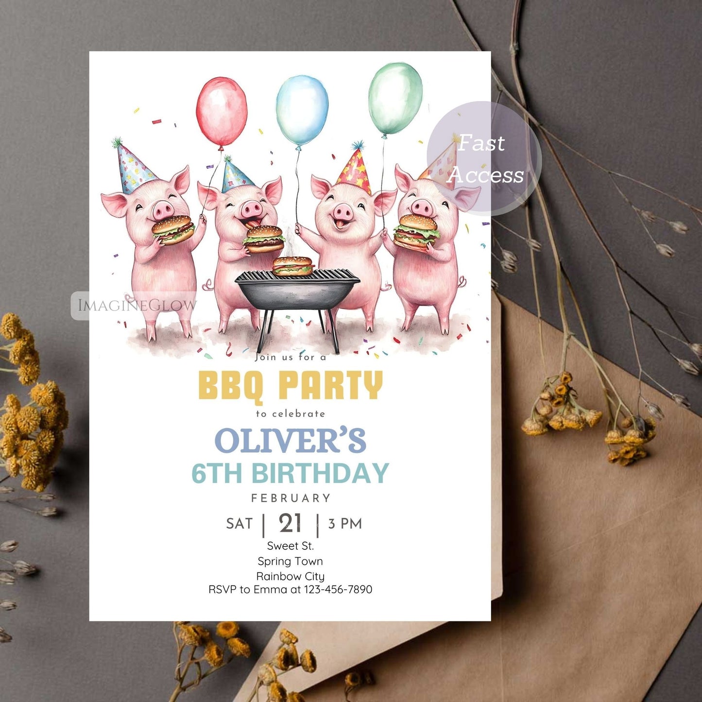 Customizable piglet birthday card for outdoor celebrations.
