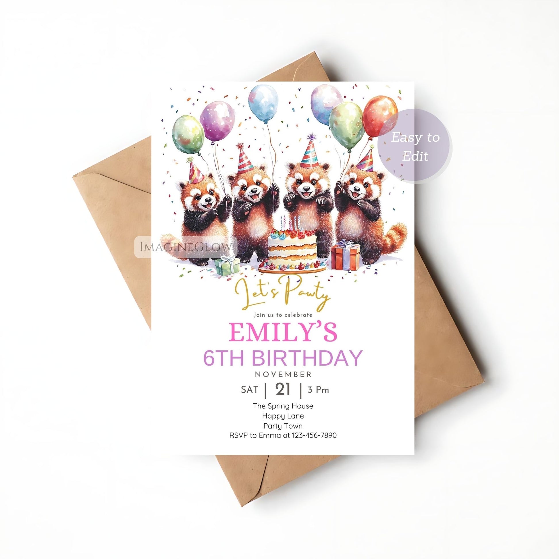 Adorable red panda-themed birthday invite design
Printable four red panda birthday party invitation

