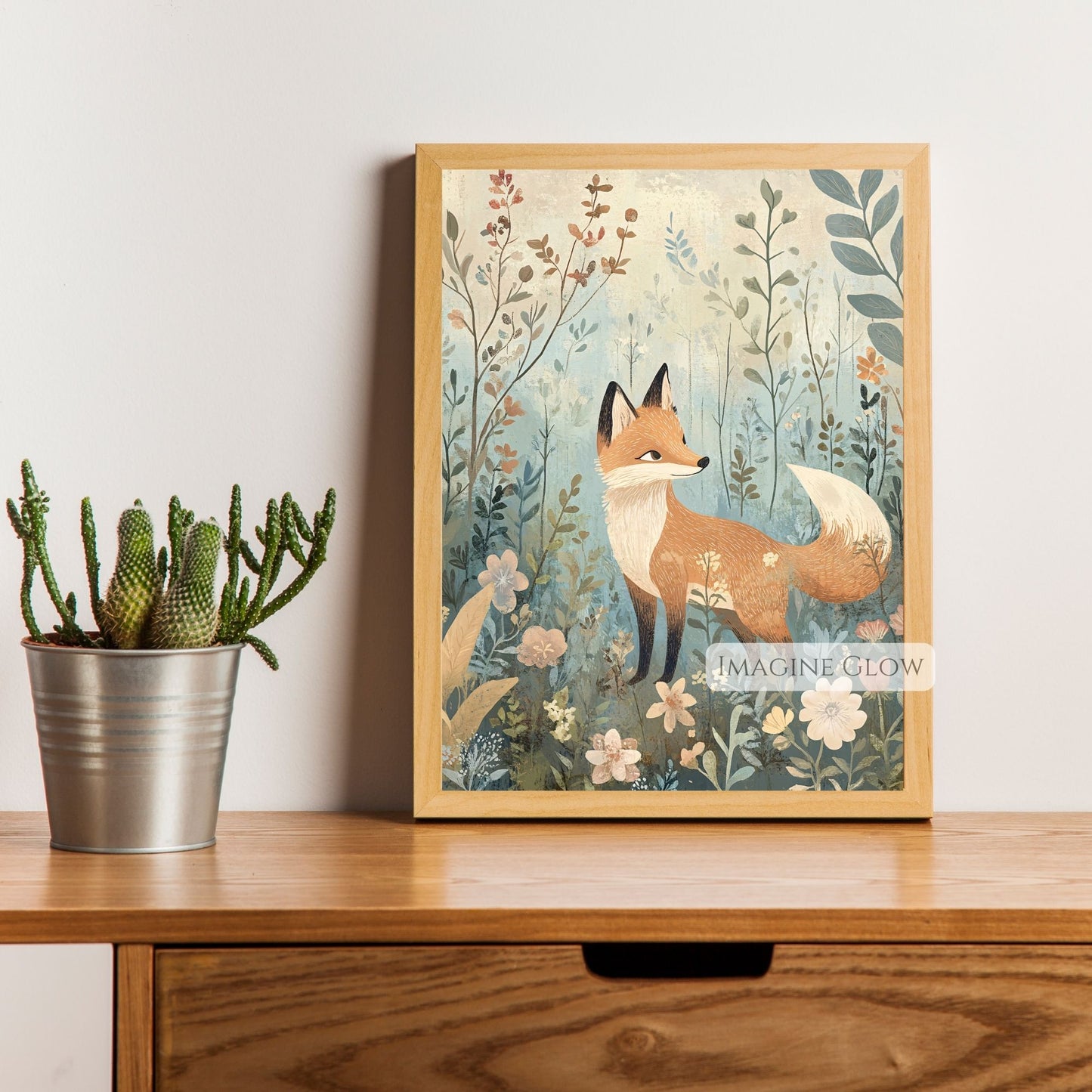 Nature-themed fox print with flowers decor.
