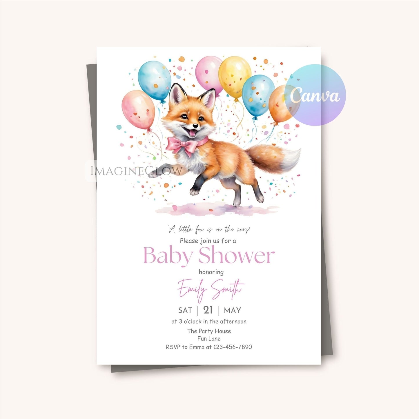 pink fox baby shower card editable
