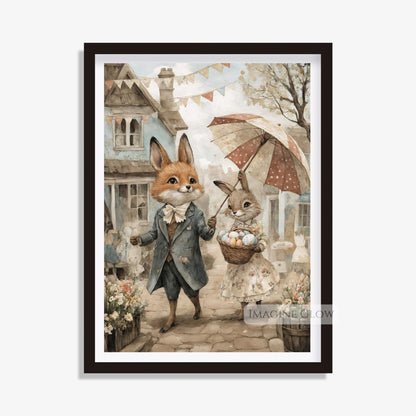 Vintage-Style Fox & Bunny Easter Print for Home Decor
