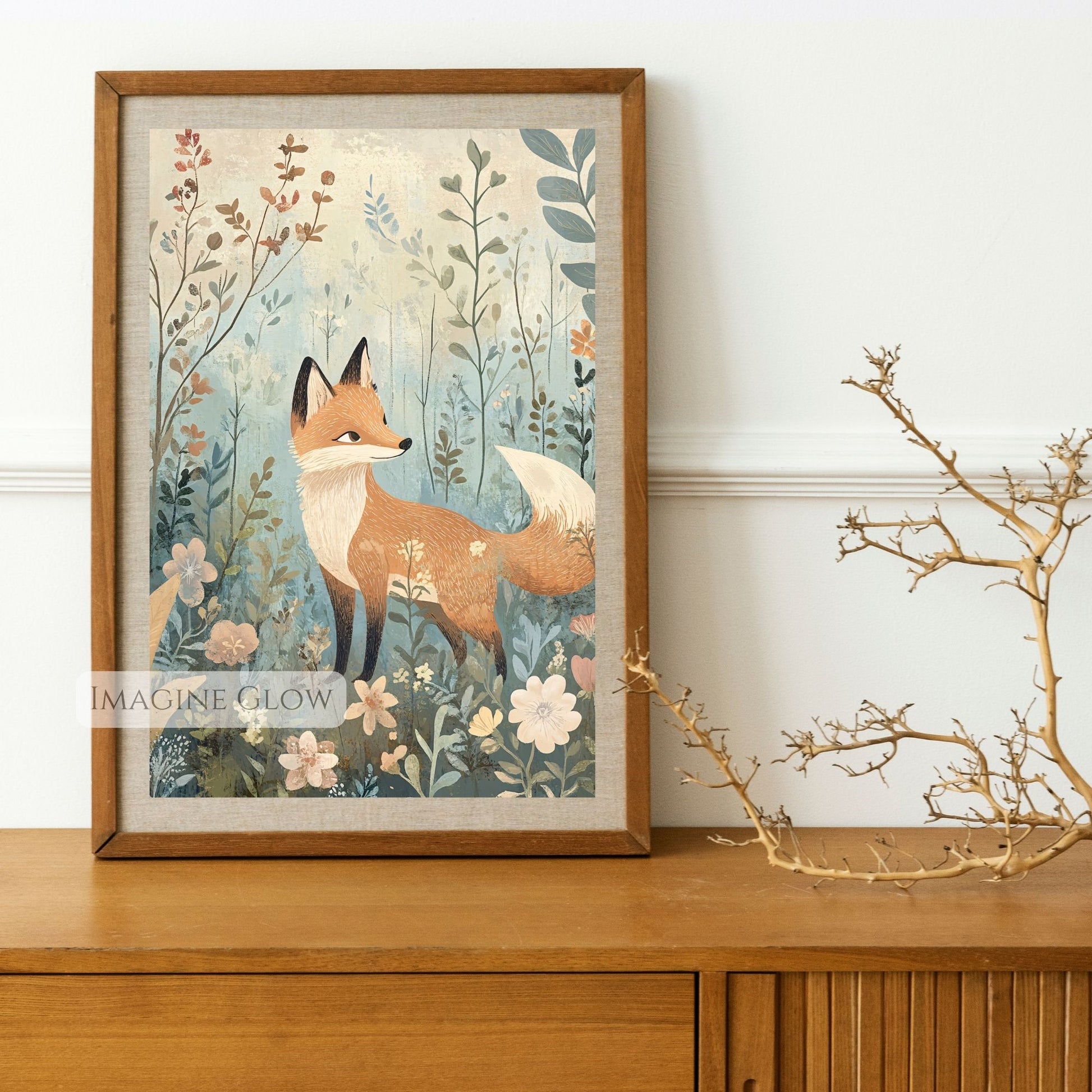 Beautiful fox in a floral setting wall art.