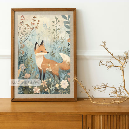 Beautiful fox in a floral setting wall art.