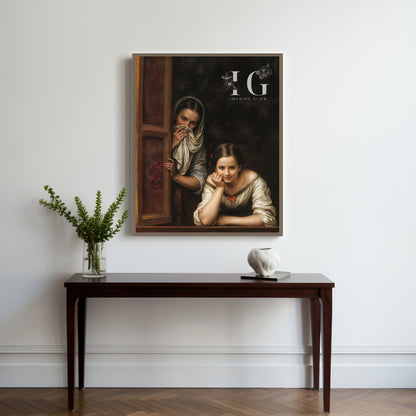 Elegant vintage wall art for bathroom featuring two women