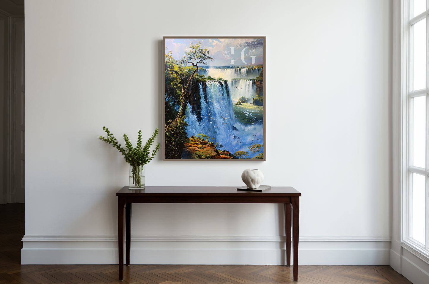 Nature print of Iguazu Falls, a powerful waterfall scene