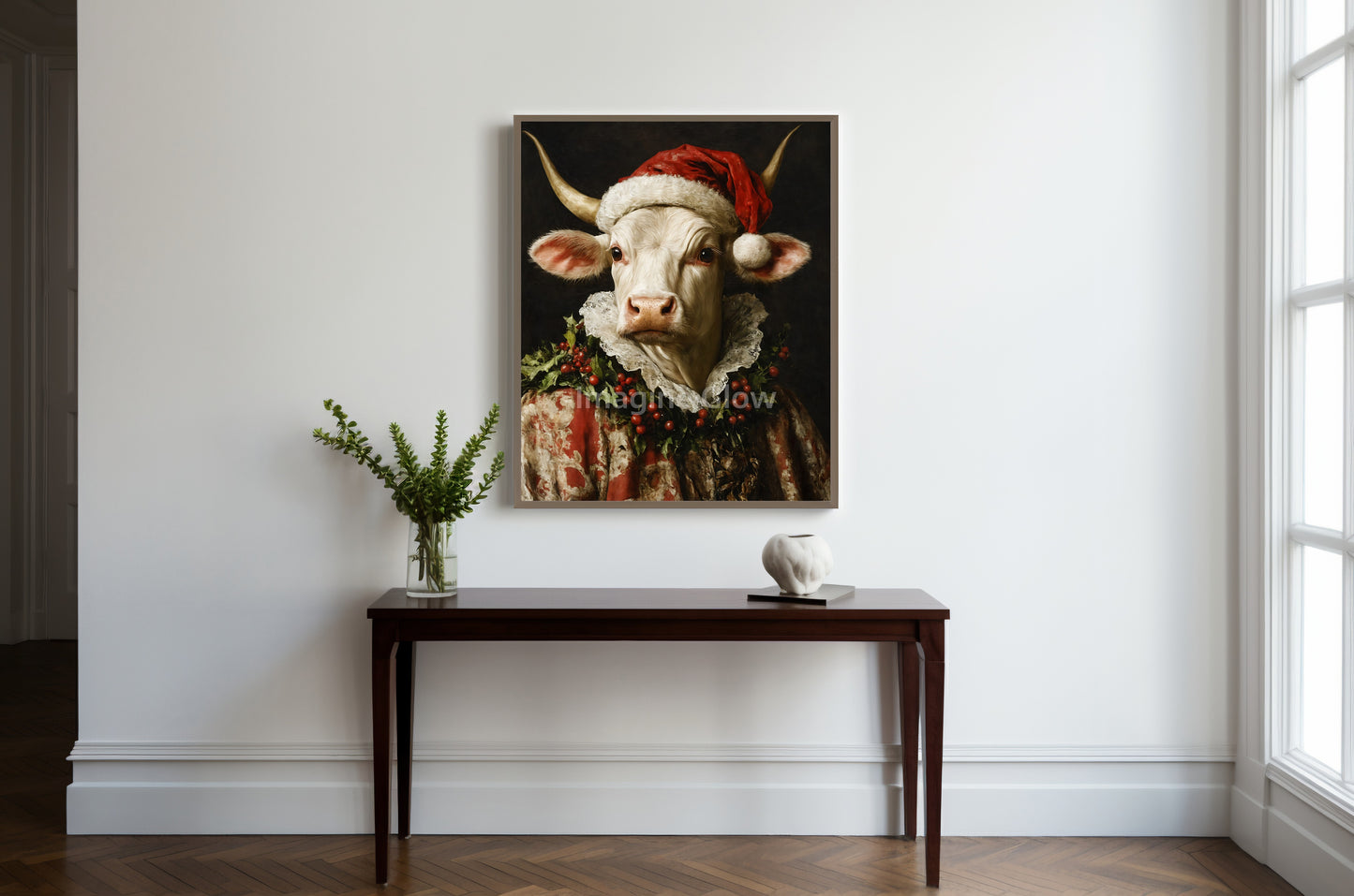 Elegant cow dressed in holiday decorations, perfect for farmhouse Christmas decor.