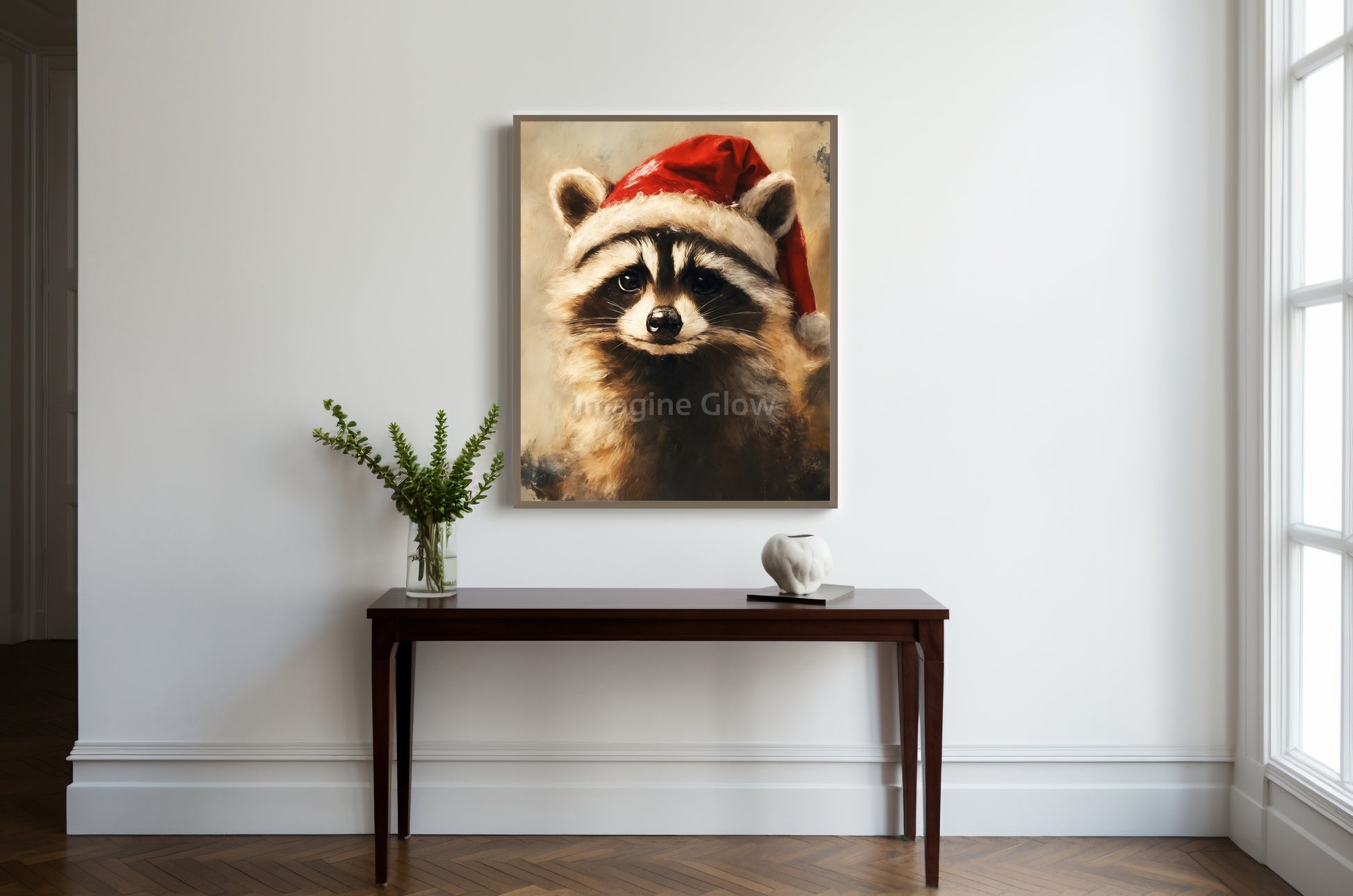 Whimsical raccoon portrait in holiday attire, perfect for holiday wall art.