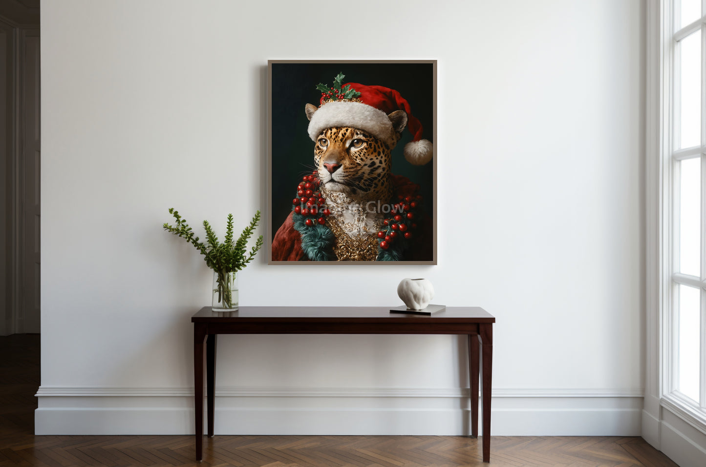 Unique Cheetah Christmas art with a Renaissance theme, in printable format