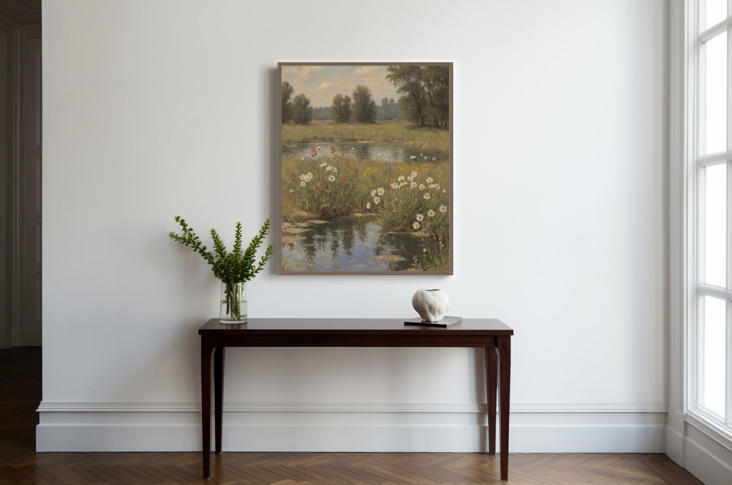 Timeless wildflower and pond landscape art for home interiors