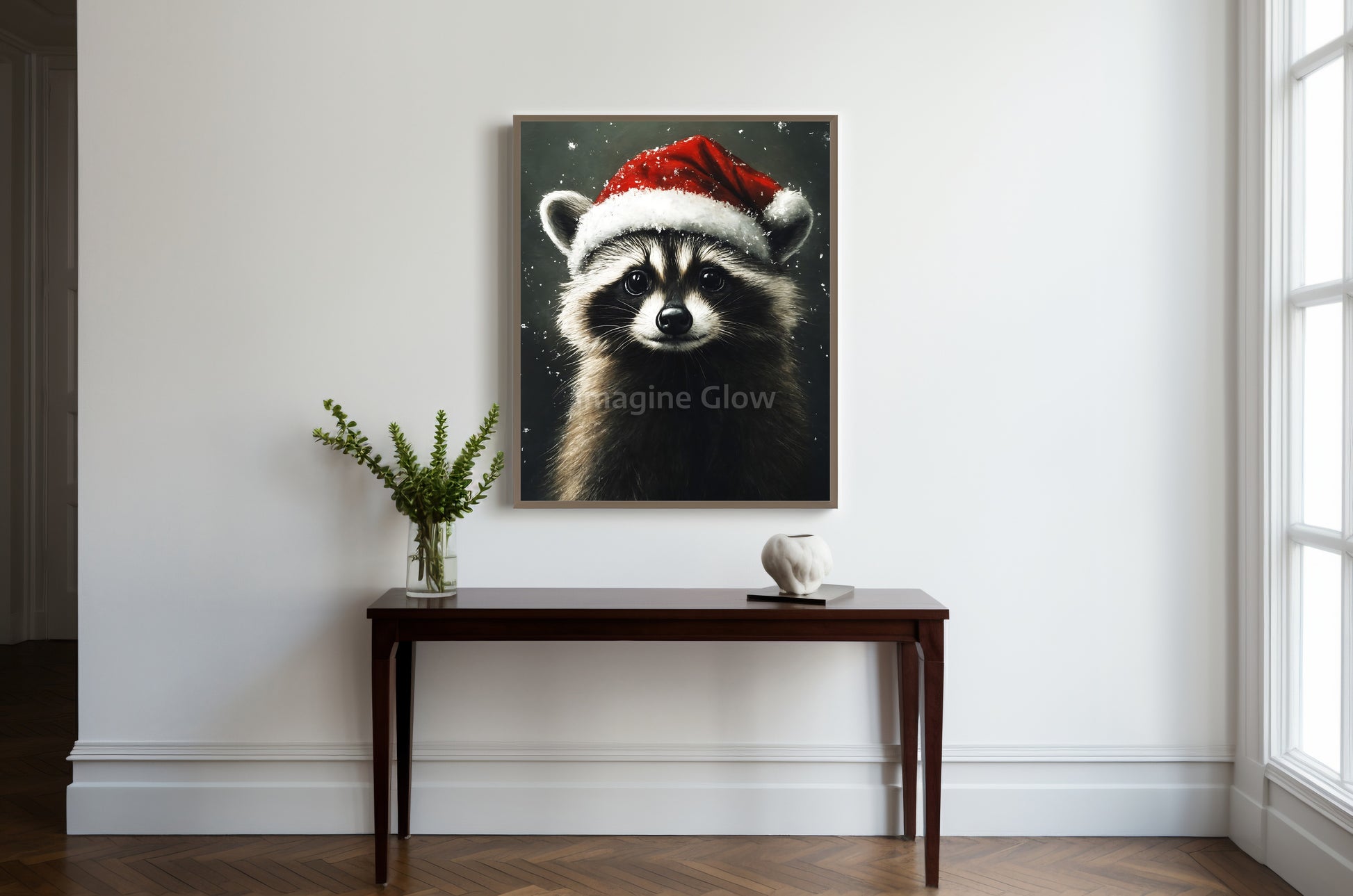 Whimsical raccoon artwork dressed in holiday attire, ideal for holiday wall art.
