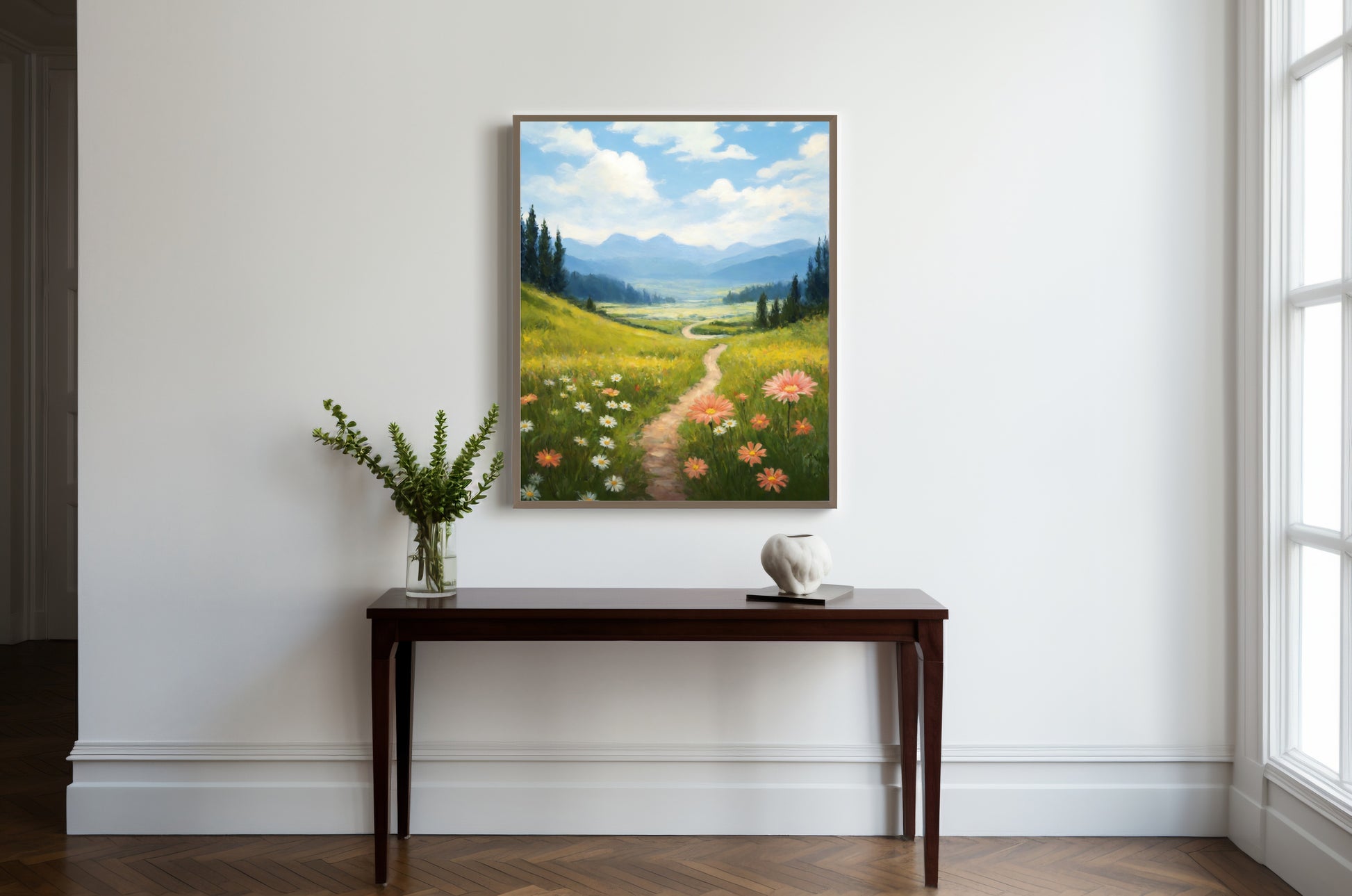 Scenic hiking trail with wildflowers for floral decor