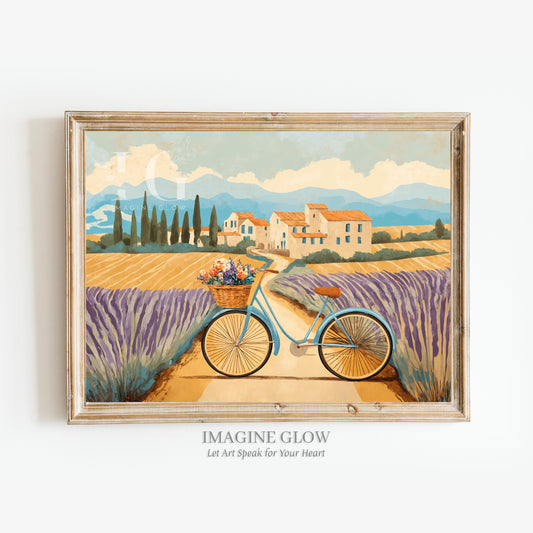 Bicycle in French countryside artwork with vineyards and lavender fields.
Scenic French landscape art featuring a bike passing village houses.