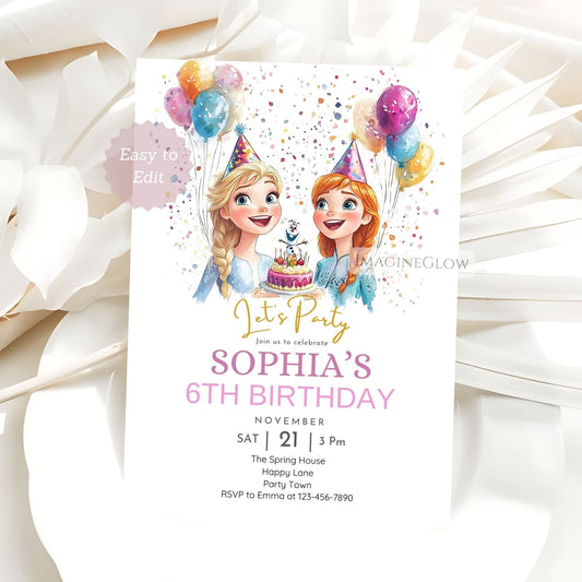 Frozen birthday invitation for girl with snowflakes


