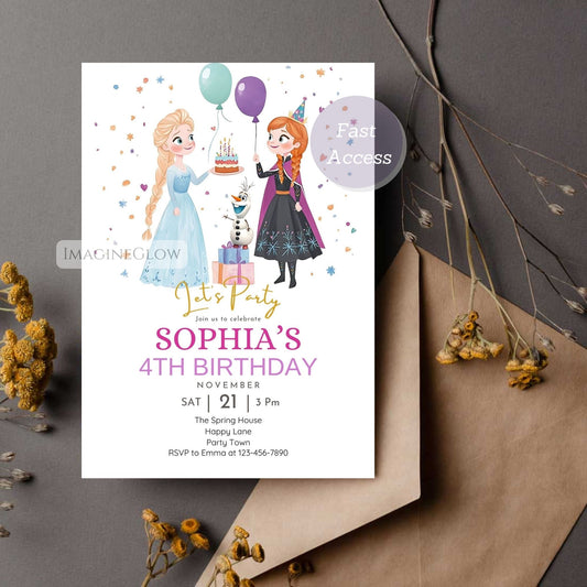 Elsa Anna Olaf party invite for kids
Editable Frozen invitation winter theme

