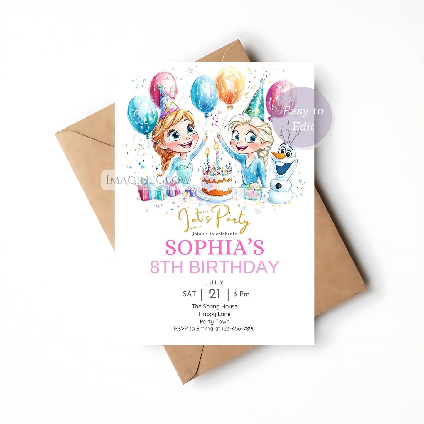 Charming Frozen birthday invitation featuring Olaf
Snow princess birthday invitation with Arendelle vibe
